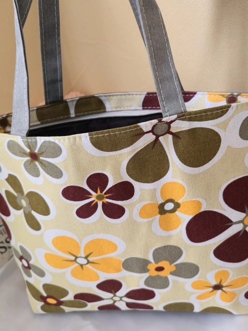 Floral Canvas Tote Bag in Yellow, Olive , Cream & Gray -‎ LARGE